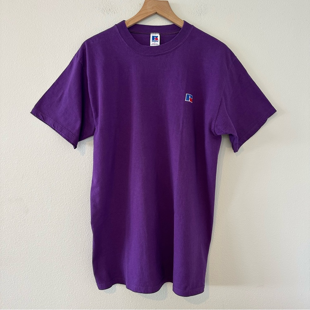 Vintage Y2K USA Made Russell Athletic 100% Cotton T-Shirt Purple Embroidered 90s